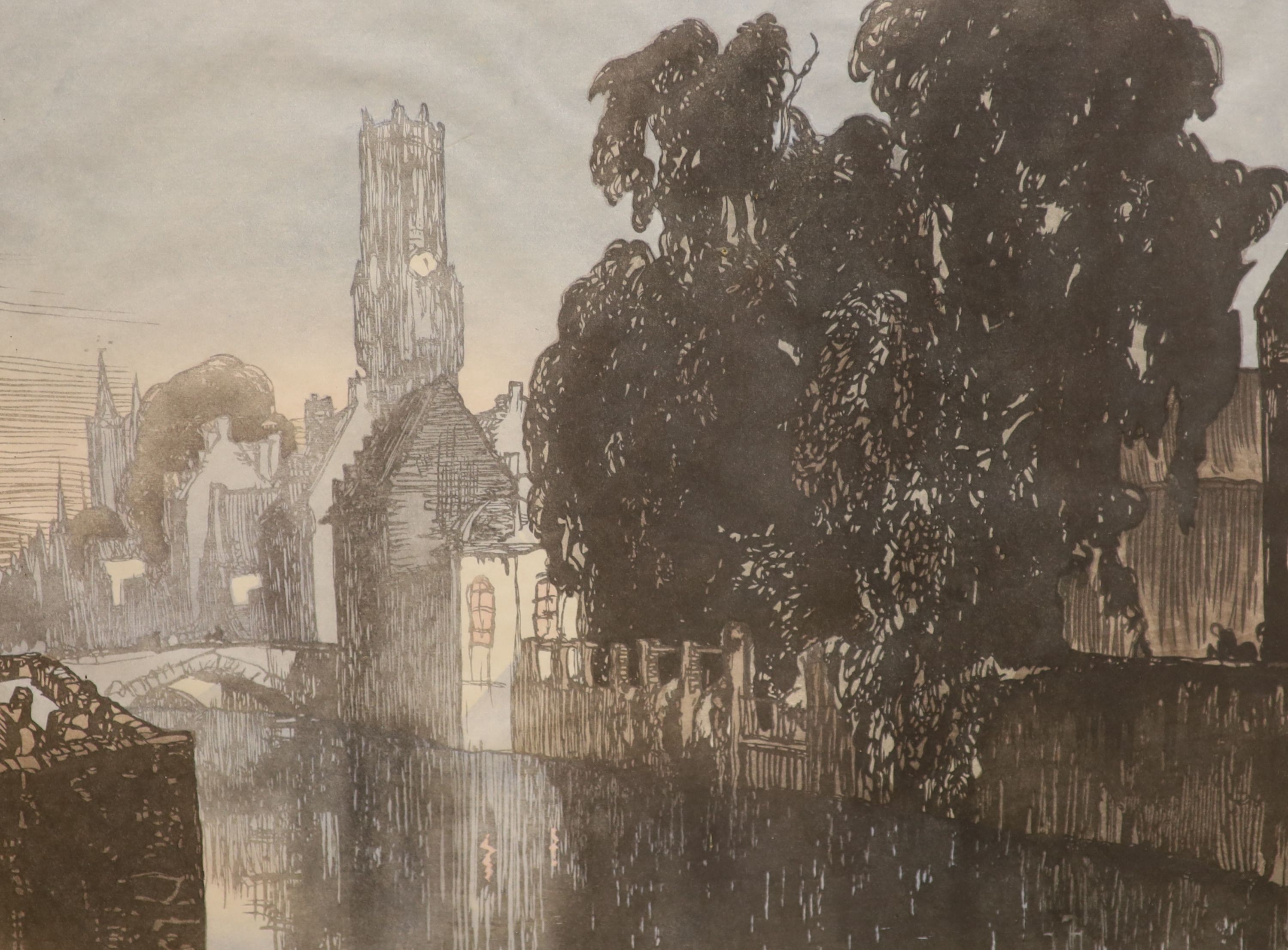 Frank Brangwyn and Urushibara, wood engraving, Bruges at night, signed by both artists and numbered 16, 39 x 50cm, and a signed colour print of a Spanish landscape, 50 x 54cm